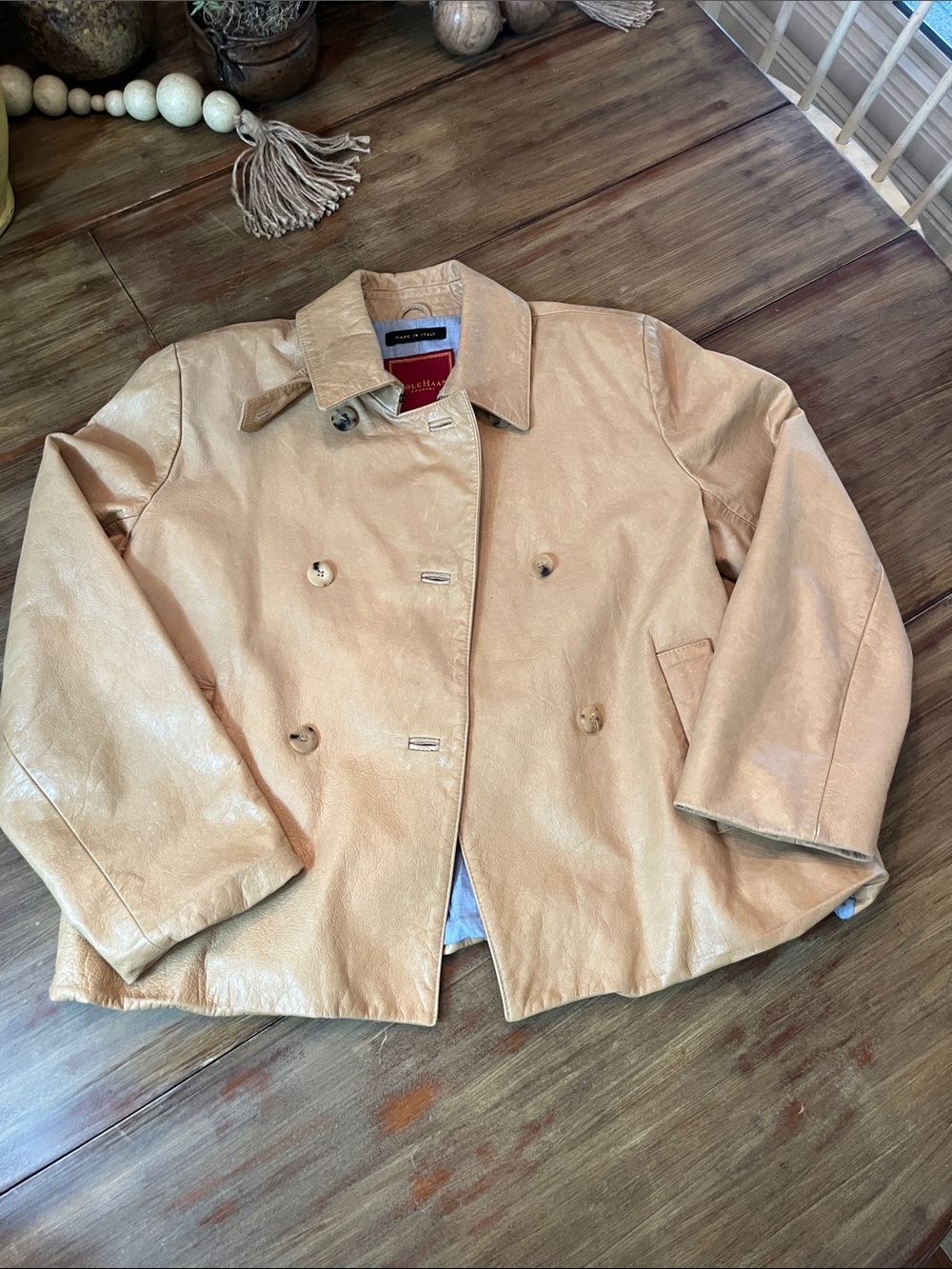 COLE HAAN COUNTRY Tan Leather Jacket Coat Sz L